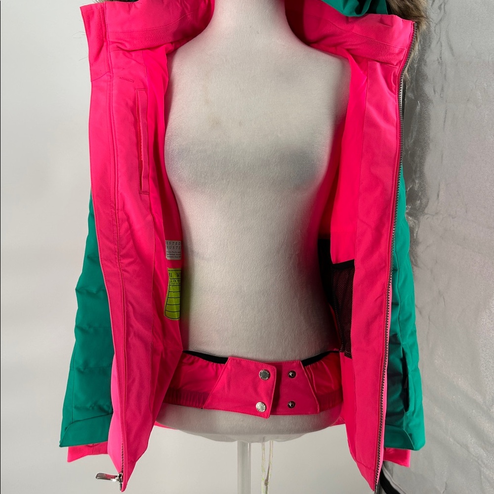 Spyder Girls Insulated Ski Jacket Pink Green Faux Fur Hood Size 16 - Picture 9 of 16